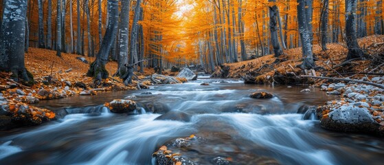 Fototapeta premium Serene Autumn Scene with Flowing River and Golden Trees