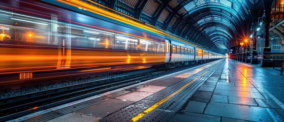 Brilliantly Lit Train Station with Speedy Train Motion