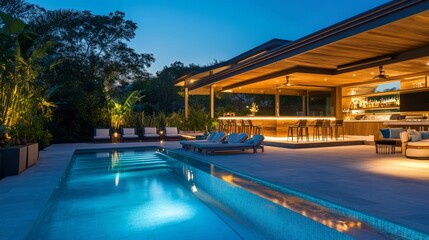 Poolside bar and lounge area next to a modern home, with soft outdoor lighting and comfortable seating for relaxation.