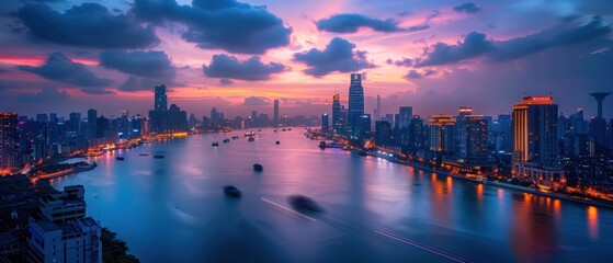 Vibrant Cityscape at Sunset Over a River