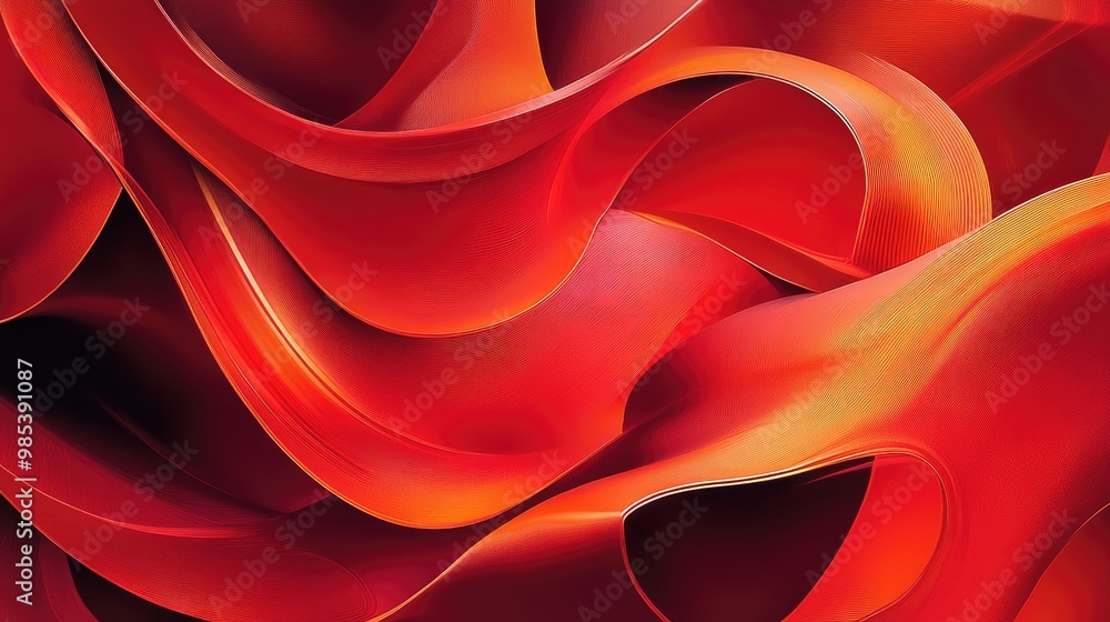 Poster abstract red forms with gradient transitions and dynamic curves creating a sense of movement and ene