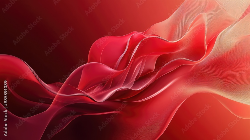 Poster abstract red forms with gradient transitions and dynamic curves creating a sense of movement and ene