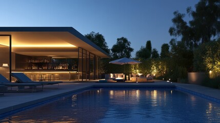 Fototapeta premium Poolside bar and lounge area next to a modern home, with soft outdoor lighting and comfortable seating for relaxation
