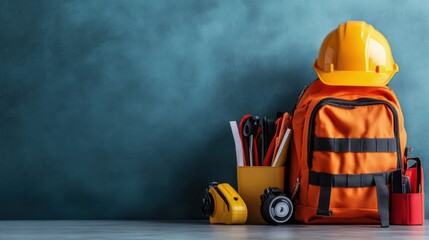 Construction Tools and Backpack on a Table