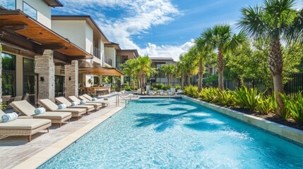 Resort-style swimming pool with a swim-up bar, tropical plants, and luxurious lounge chairs for a vacation vibe.