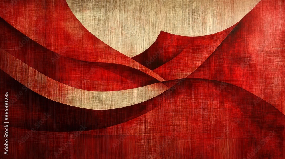 Poster abstract red lines and shapes with subtle shadows and highlights, creating a sophisticated and dynam