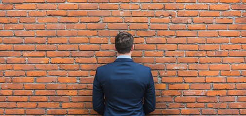 A businessman stands against a rustic brick wall, representing contemplation and determination in an urban setting.