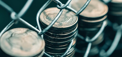 Stacks of coins behind a chain-link fence, symbolizing savings, security, and financial struggles in a modern economy.
