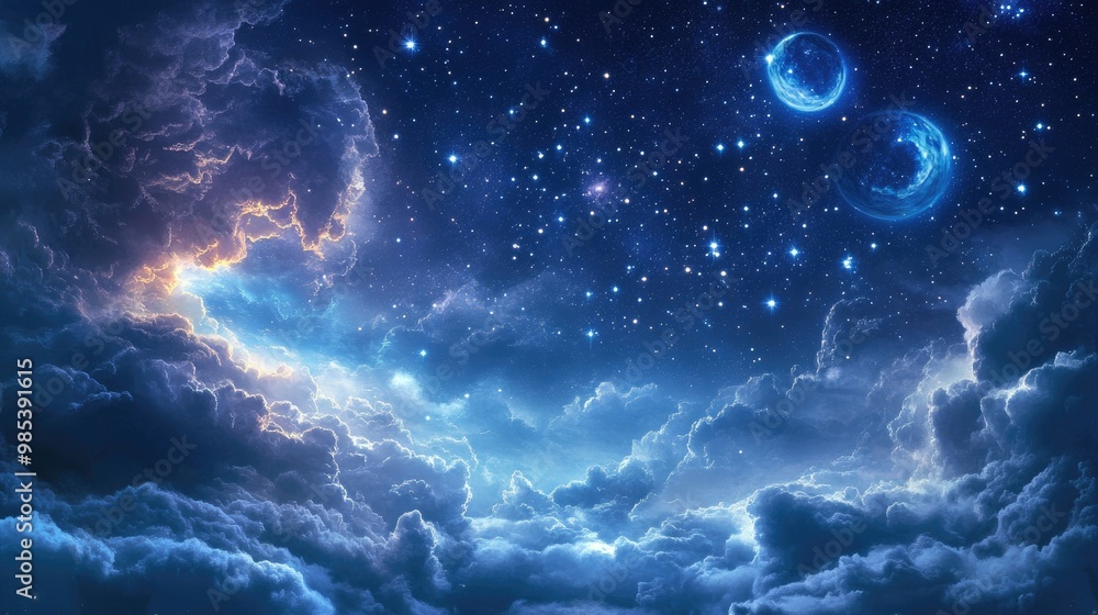 Poster tiny stars twinkle softly in the night sky, creating an elegant scene against a dynamic, realistic b