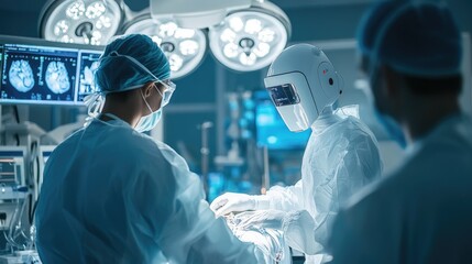 AI robot assisting in complex surgical procedures with a skilled doctor in a technologically advanced operating room