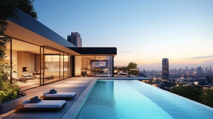 Fototapeta premium Rooftop swimming pool on a modern home with glass walls, offering stunning views of the surrounding cityscape.