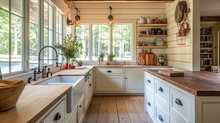 Fototapeta premium Rustic farmhouse kitchen with shiplap walls, a large apron-front sink, butcher block countertops, and classic wood flooring.