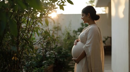 Maternal Serenity: pregnant Indian woman, grace of impending motherhood, portrayed in traditional clothing with cultural motifs, reflecting joy, significance of this special time in her life.