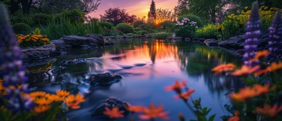 Serene Sunset Over Tranquil Garden Pond