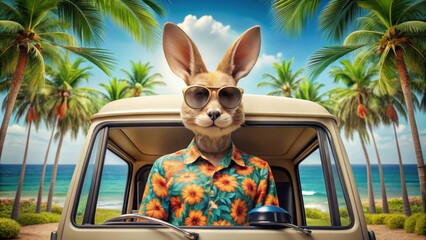 Hase wearing Hawaiian shirt and sunglasses driving a camper van in tropical setting, rabbit, Hawaiian shirt, sunglasses