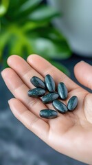A close-up image of a hand holding several black capsules, ideal for health and wellness concepts.