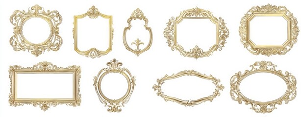 Eight ornate gold picture frames isolated on white background.