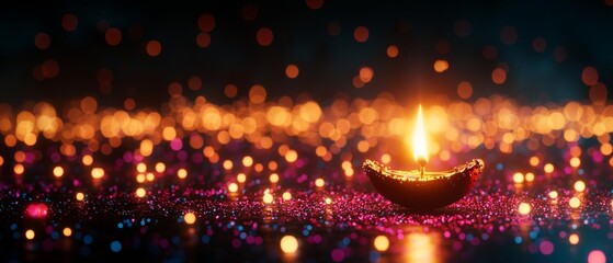 Obraz premium Diwali celebration, glowing bokeh lights, oil lamps, colorful and festive night scene