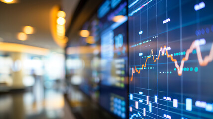 Close-up of digital screen showing downward-trending line graph symbolizing Fed rate cut, surrounded by financial charts and news headlines, key financial indicator visualization.