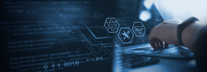 IT support, customer service concept. Computer engineer, technician coding on laptop computer...