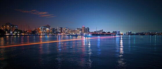 Fototapeta premium Nighttime Cityscape Reflection Across Serene Water