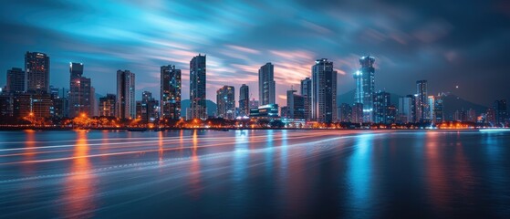 Vibrant Urban Skyline at Night with Water Reflection