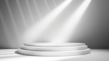 Obraz premium Bright white round podium with soft, diffused light and intricate shadows, providing a modern and elegant backdrop for products