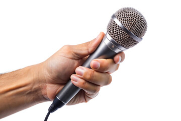 hand holding microphone isolated on a white background
