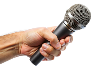 hand holding microphone isolated on a white background