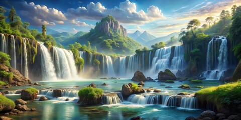 Fototapeta premium of a stunning fantasy river landscape with cascading waterfalls, fantasy, river, landscape, waterfalls, beautiful,nature