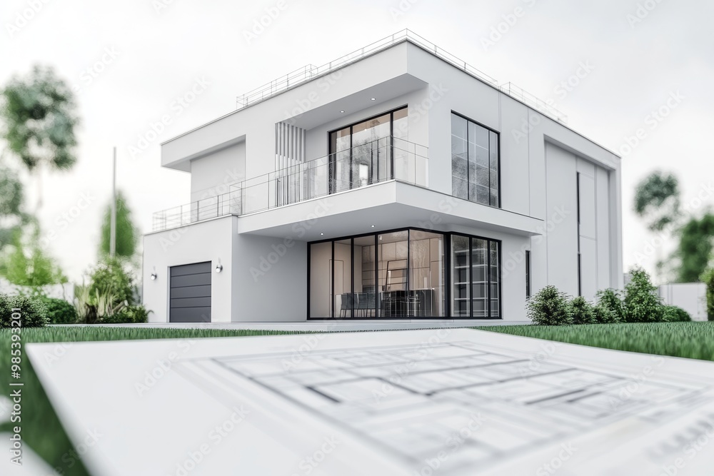 Poster modern white house with a blueprint in the foreground.