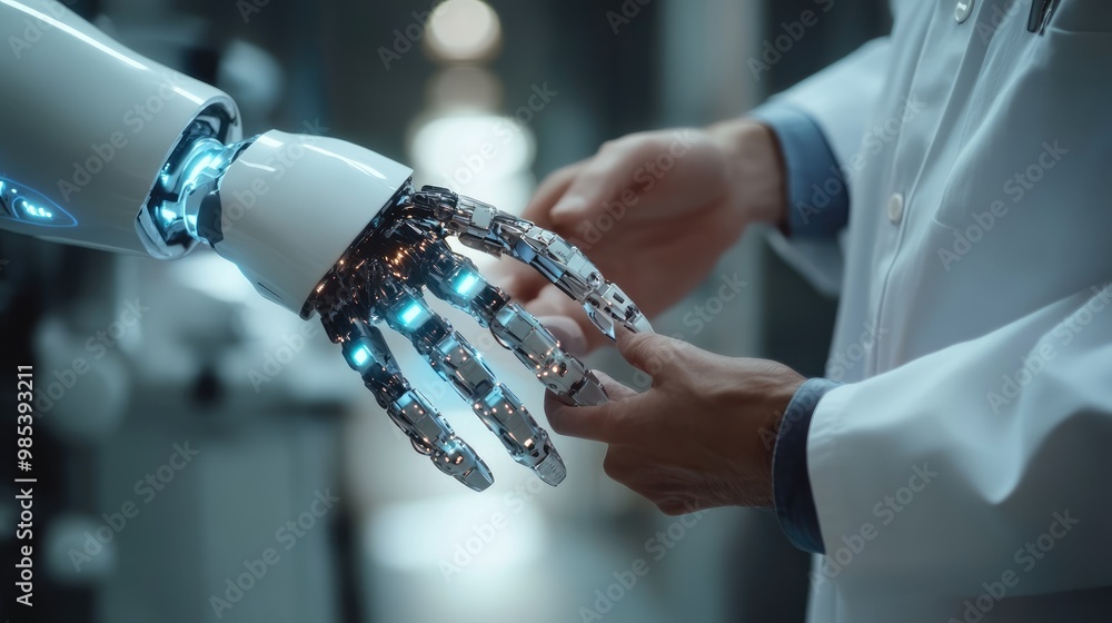 Poster close-up of a doctor and ai robot collaborating on a complex medical procedure with advanced technol