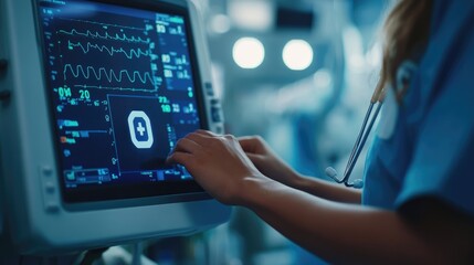 Close-up of a nurse hands with a plus icon on a medical monitor, emphasizing patient health monitoring