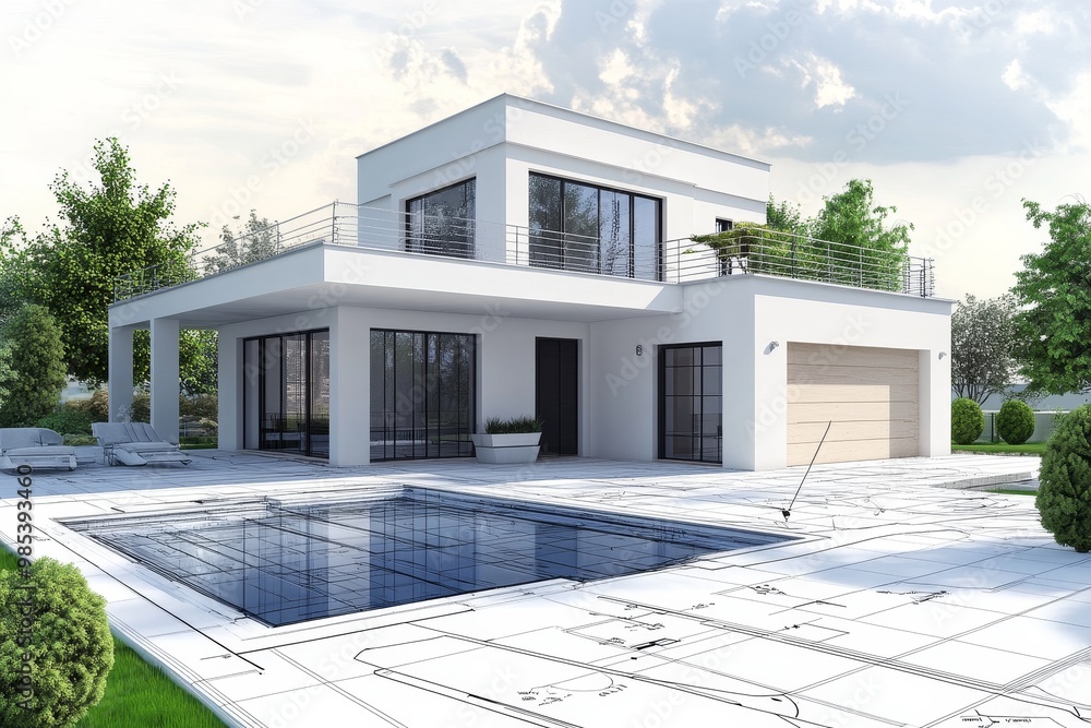 Poster modern house with a swimming pool and a blueprint underneath.