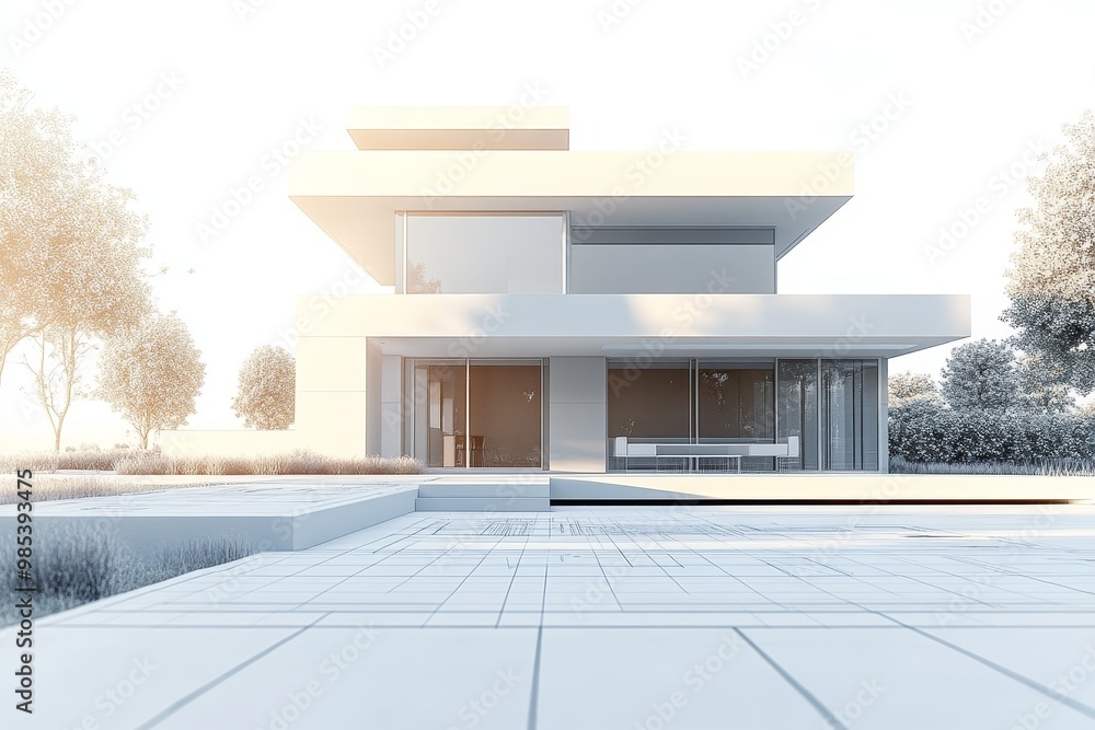 Aufkleber Modern house with large windows and a patio in a garden setting. The house is rendered in a sketch style with a gridded blueprint style floor.