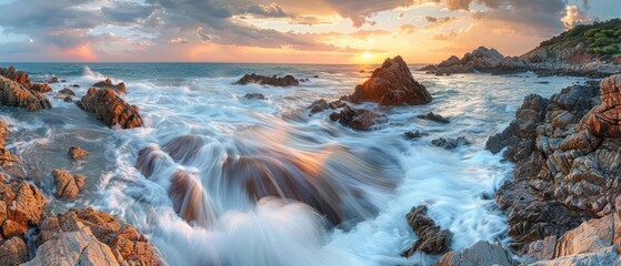 Obraz premium Serene Sunset Over Rocky Coastal Waves