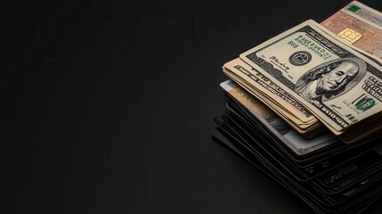 Isolated stack of cash and credit cards next to a Black Friday receipt placed on a minimal black background with space for branding
