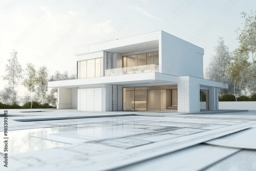 Aufkleber architectural blueprint of a modern house with a pool in the foreground.