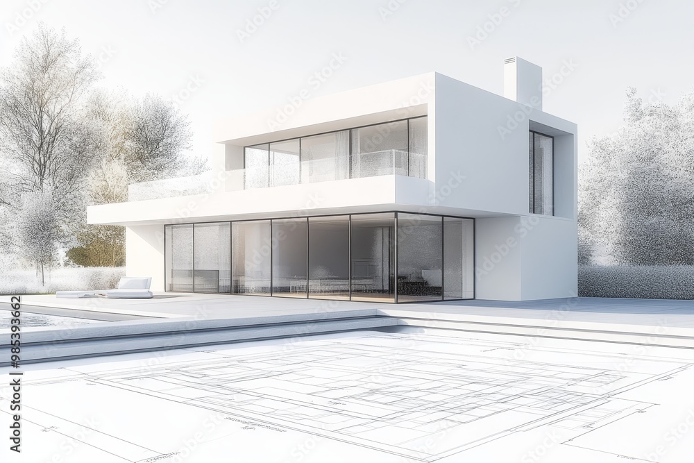 Poster modern house with swimming pool and blueprint in the foreground.