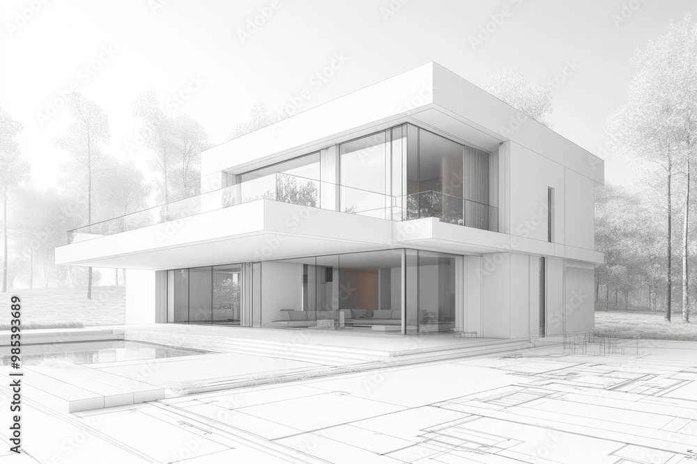 Poster modern home design blueprint with a pool and balcony.