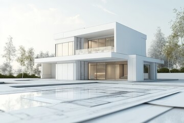 Architectural blueprint of a modern house with a pool in the foreground.