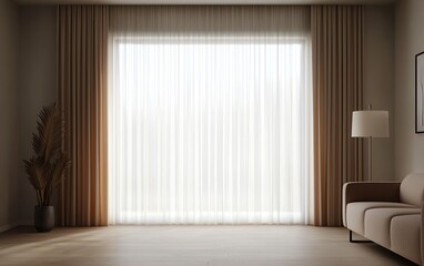 Bright interior featuring sheer curtains, a stylish lamp, and a cozy sofa, creating a serene and inviting atmosphere.
