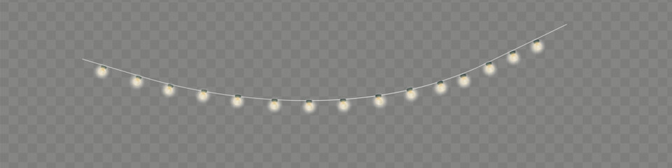 Lights bulbs border isolated on transparent background. Glowing fairy Christmas garland string. Vector New Year party led lamps decoration