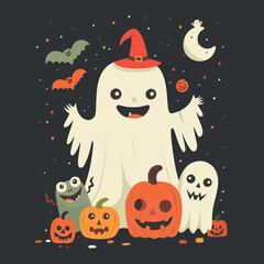 Fototapeta premium Flat illustration of Smiling ghost with other halloween monsters, Halloween elements, Happy Halloween