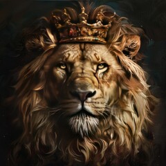 Naklejka premium Majestic lion with a regal crown, symbolizing strength and royalty