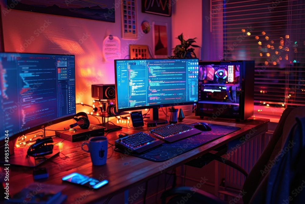 Poster a computer desk with two monitors, a keyboard, and a mouse