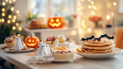 A cozy Halloween family breakfast with jack-o-lantern pancakes ghost fruit cups