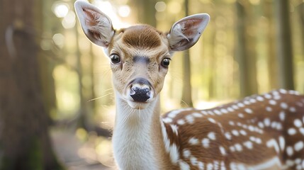 Close-up portrait of a European fallow deer fawn with soft fur, standing in a Bavarian forest, gentle sunlight filtering through the trees