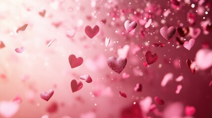 Obraz premium Soft pink gradient with floating heart shapes and gentle bokeh lights, ideal for a romantic Valentine Day template
