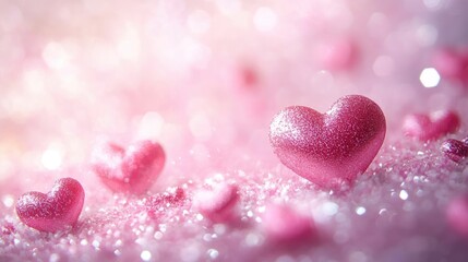 Fototapeta premium Soft pink gradient with floating heart shapes and gentle bokeh lights, ideal for a romantic Valentine Day template